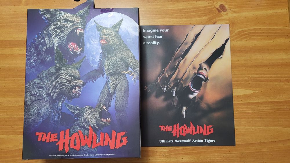 A view of the back and front of the packaging, with the flap pulled over (on the right side). The back of the packing is on the left side.